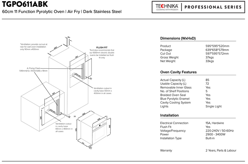 Technika TGPO611ABK Series 8 60cm Pyrolytic Self Cleaning oven with Airfry - Clearance Discount