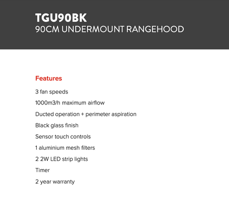 Technika Tgu90Bk 90Cm Black Glass Undermount Rangehood Rangehoods
