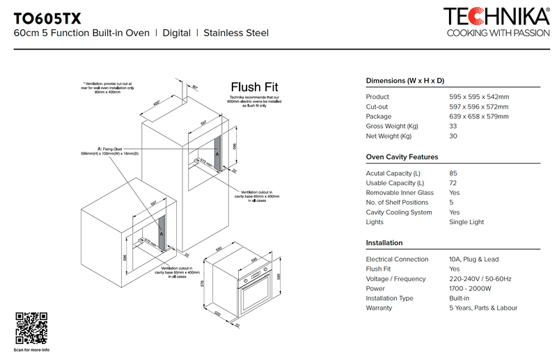 Technika TO605TX 60cm 5 Function Built-In Oven - Clearance Discount