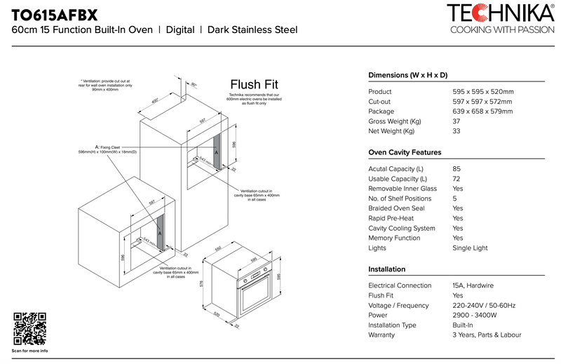 Technika TO615AFBX 60cm Built-In Oven with Air Fry and Dough Proving