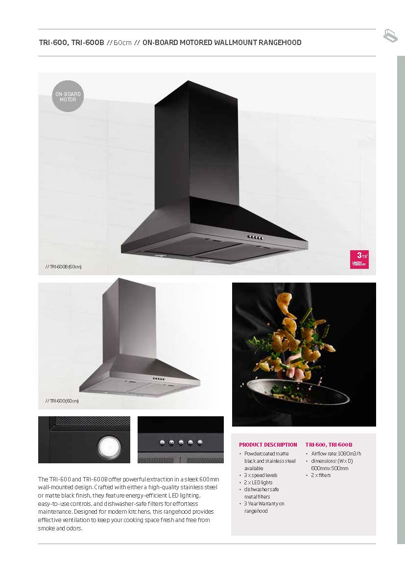 Schweigen TRI-600 90cm Non Silent Wall Mount Rangehood, 1080m3/hr, Stainless Steel