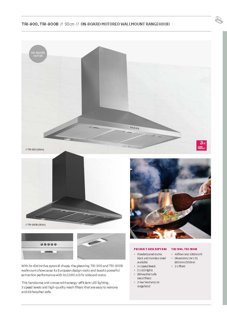 Schweigen TRI-900 90cm Non Silent Wall Mount Rangehood, 1080m3/hr, Stainless Steel