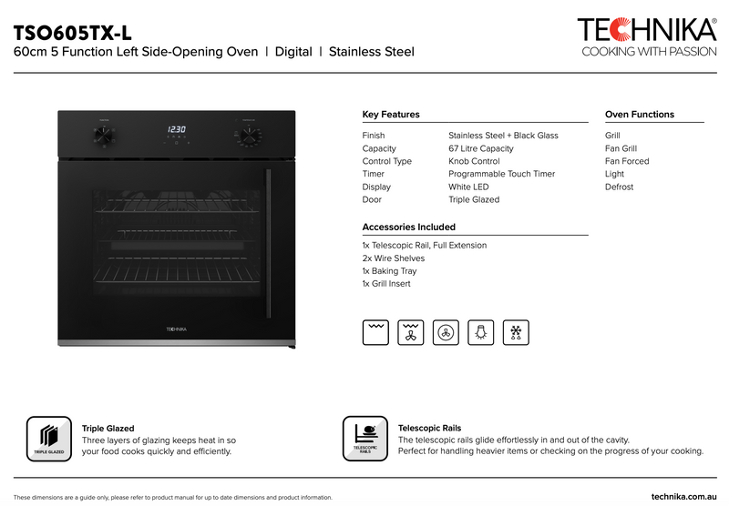 Technika TSO605TX-L 60cm Side Opening 5 Function Built-In Oven - Clearance Discount