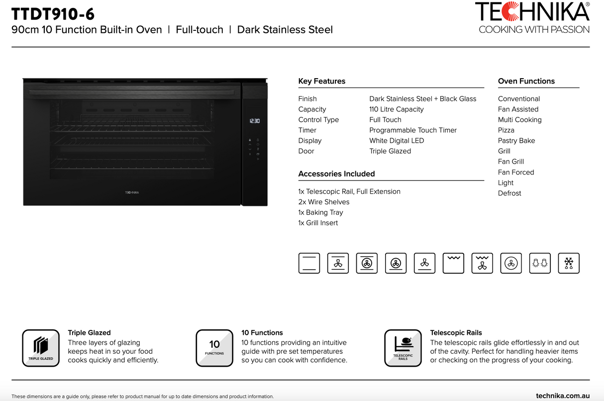 Technika TTDT910-6 90cm Electric Black Glass Built in Oven - Ex Display Discount