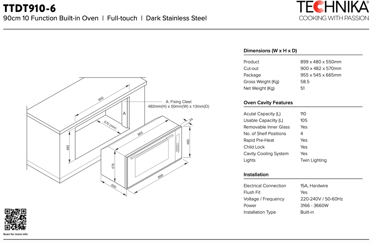 Technika TTDT910-6 90cm Electric Black Glass Built in Oven - Ex Display Discount