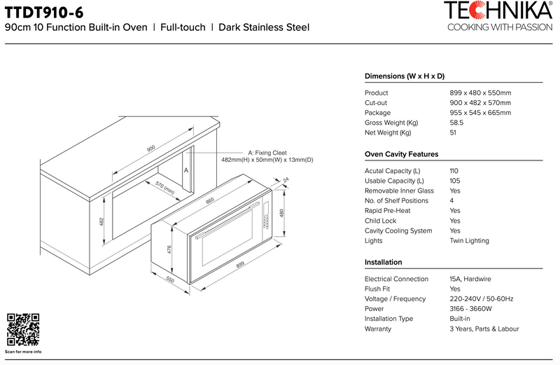 Technika TTDT910-6 90cm Electric Black Glass Built in Oven