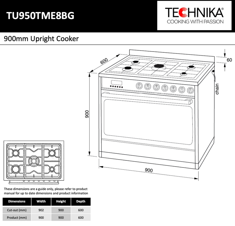 Technika TU950TME8BG 90cm Dual Fuel Freestanding Cooker