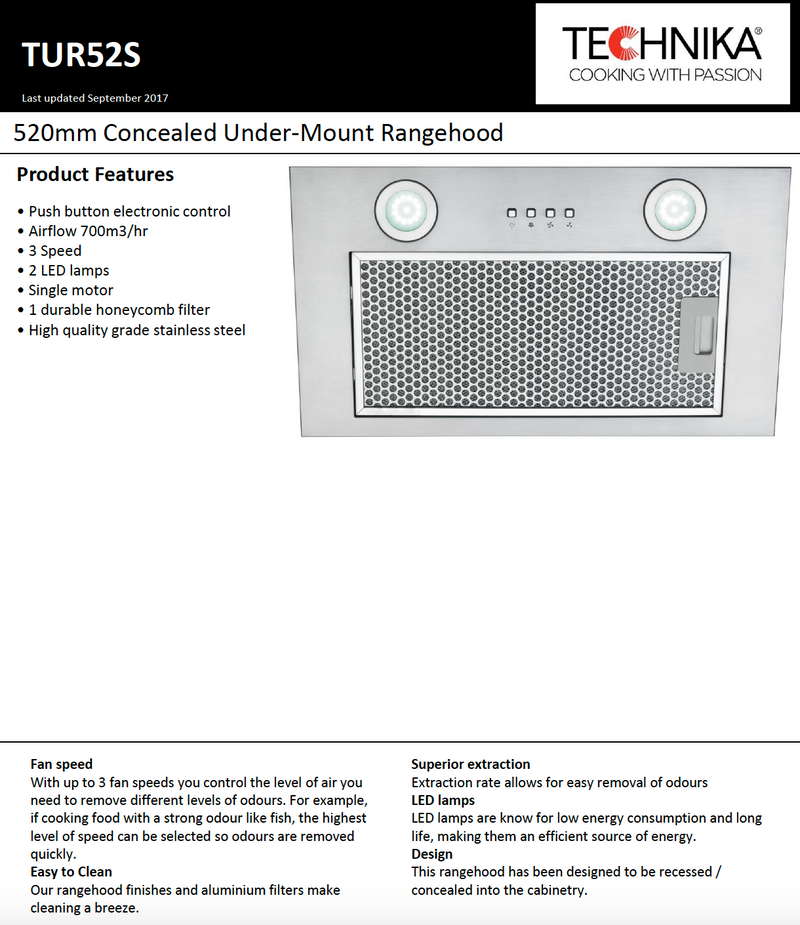 Technika TUR52S 52cm Undermount Rangehood