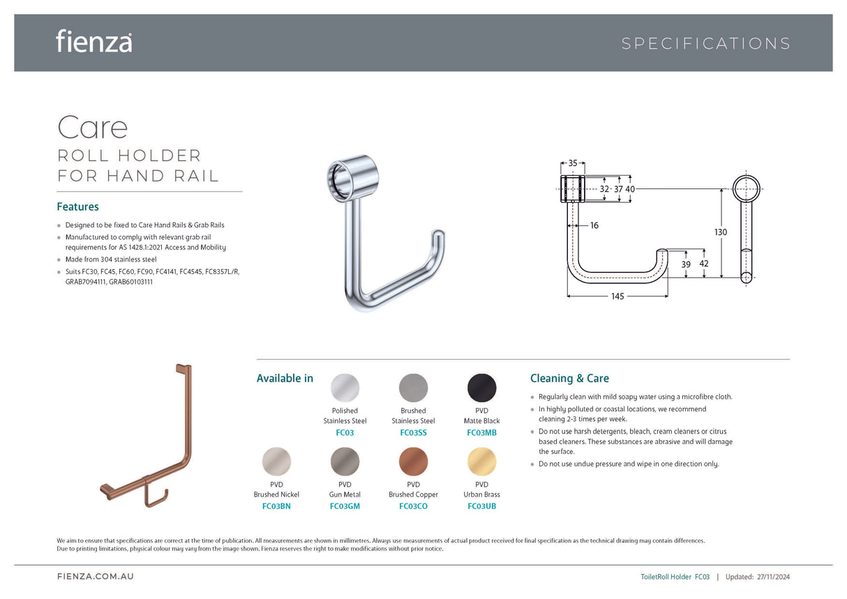 Fienza FC03UB Care Roll Holder for Grab Rail, Urban Brass
