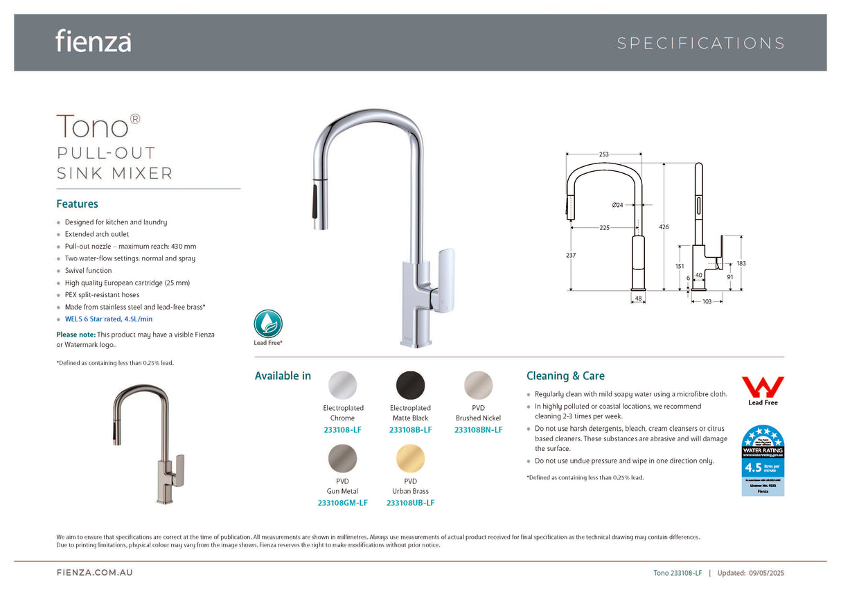 Fienza 233108GM-LF Tono Pull Out Sink Mixer, Gun Metal
