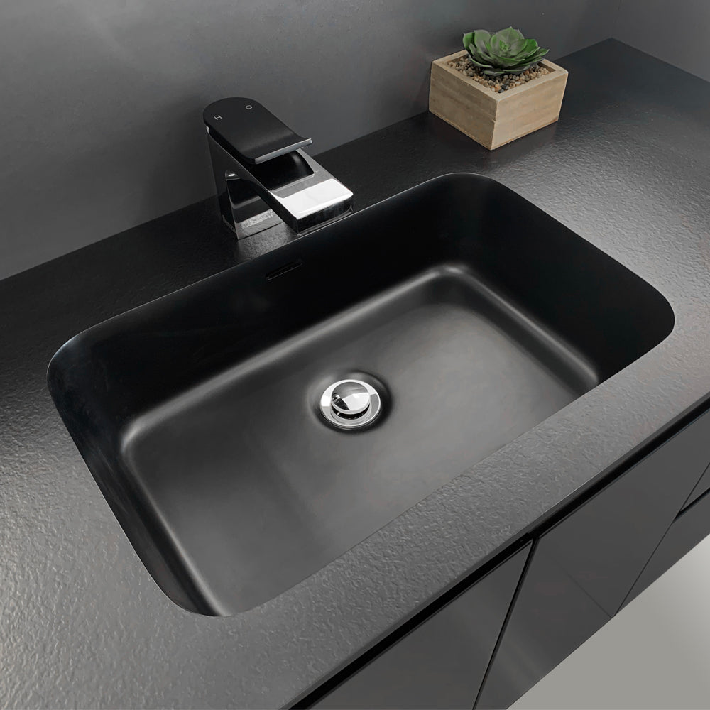 Fienza MON75ZL Montana Fingerpull 750 Satin Black Wall Hung Vanity, Left Drawers