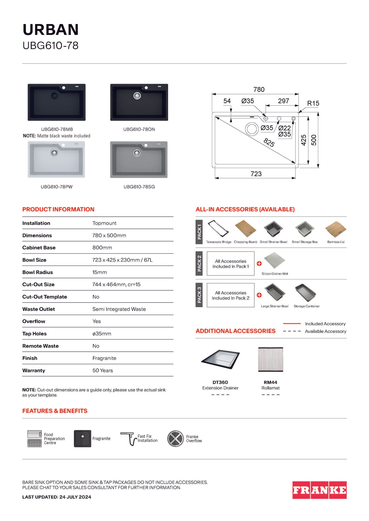 Franke UBG610-78PW Urban Fragranite 780mm Single Bowl Topmount Sink, Polar White