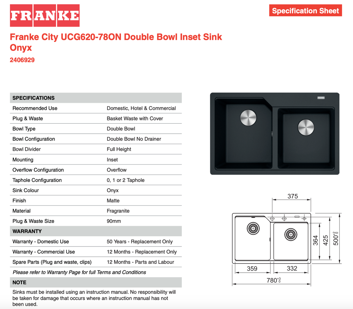 Franke Urban 1 and 3/4 Bowl Topmount Sink Onyx, UBG620-78ON