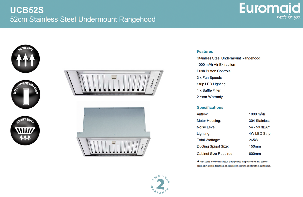 Euromaid UCB52S 52cm Stainless Steel  Undermount Rangehood