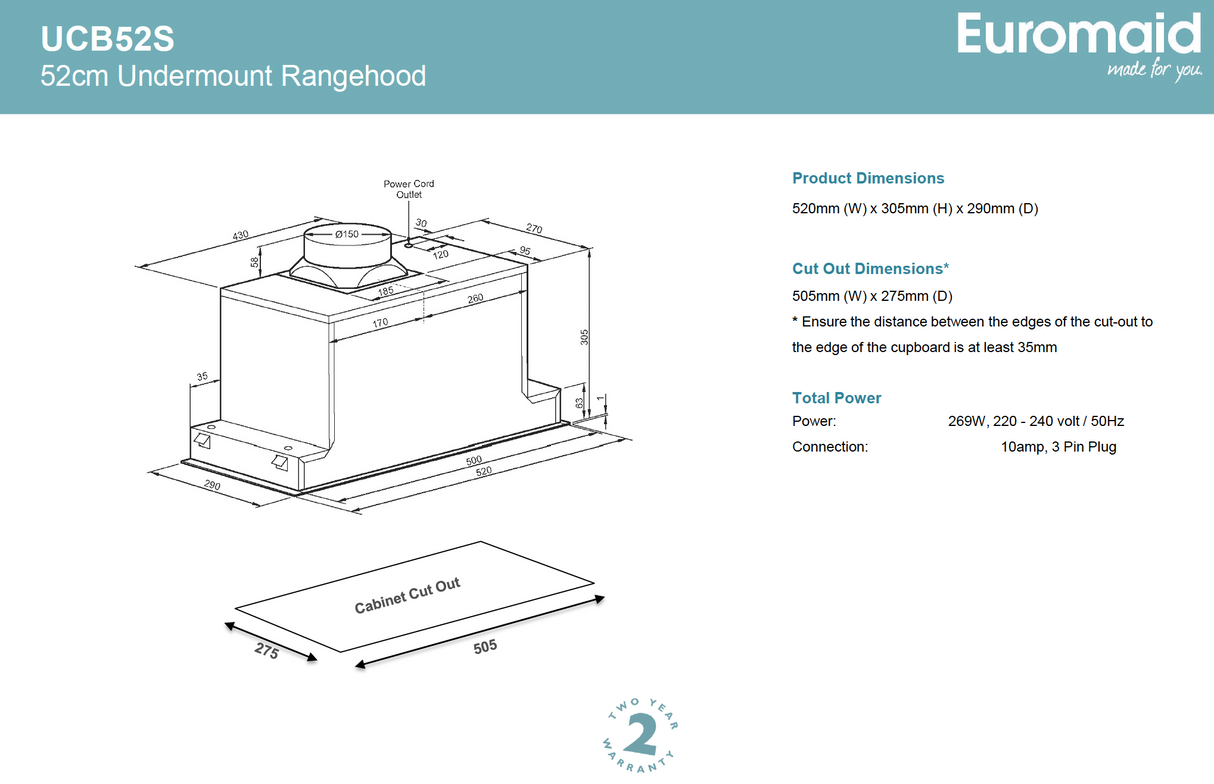 Euromaid UCB52S 52cm Stainless Steel  Undermount Rangehood