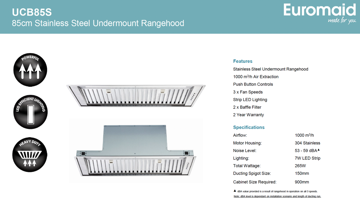 Euromaid UCB85S 85cm Stainless Steel  Undermount Rangehood
