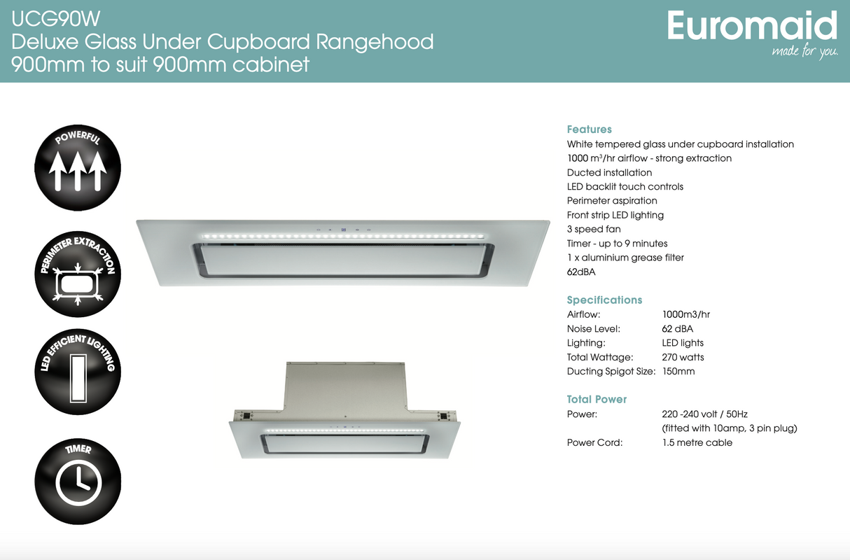 Euromaid UCG90W White Glass Undermount Rangehood