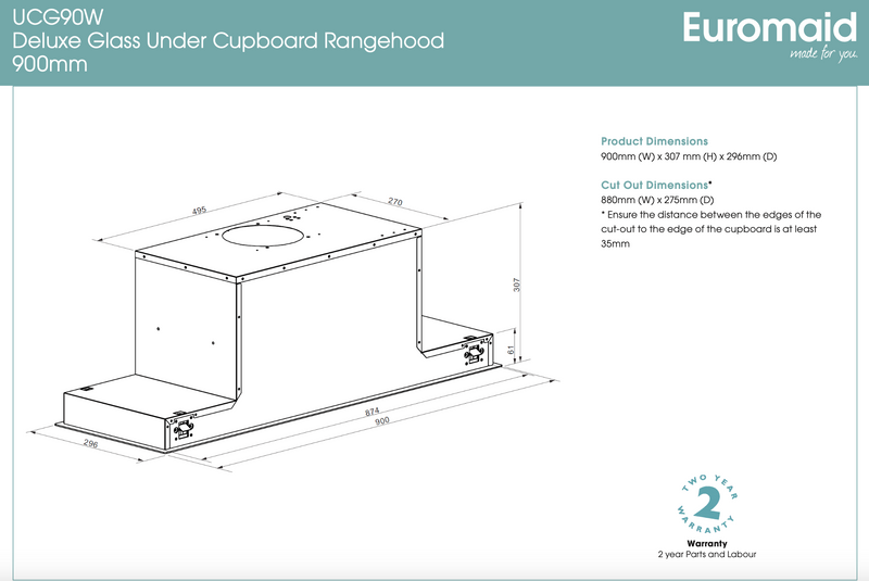 Euromaid UCG90W White Glass Undermount Rangehood