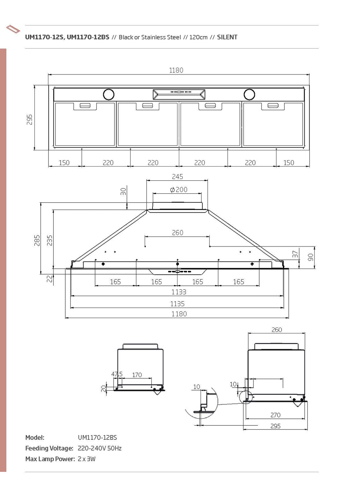 Schweigen UM1170-12SP 120cm Silent Undermount Rangehood, 1600m3/hr, Stainless Steel