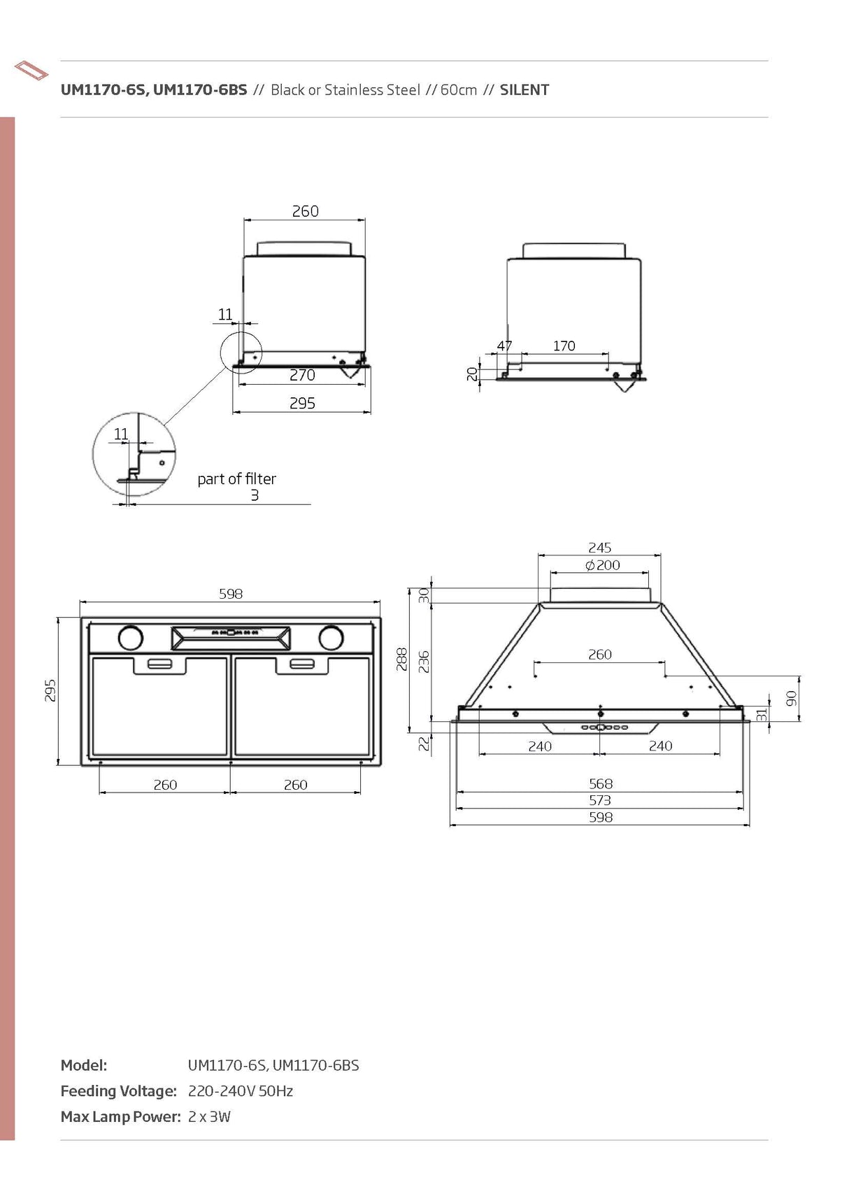 Schweigen UM1170-6BSP 60cm Silent Undermount Rangehood, 1600m3/hr, Matte Black