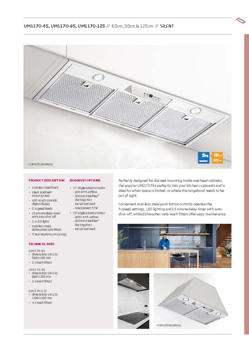 Schweigen UM1170-9ST 90cm Silent Undermount Rangehood, 900m3/hr, Stainless Steel