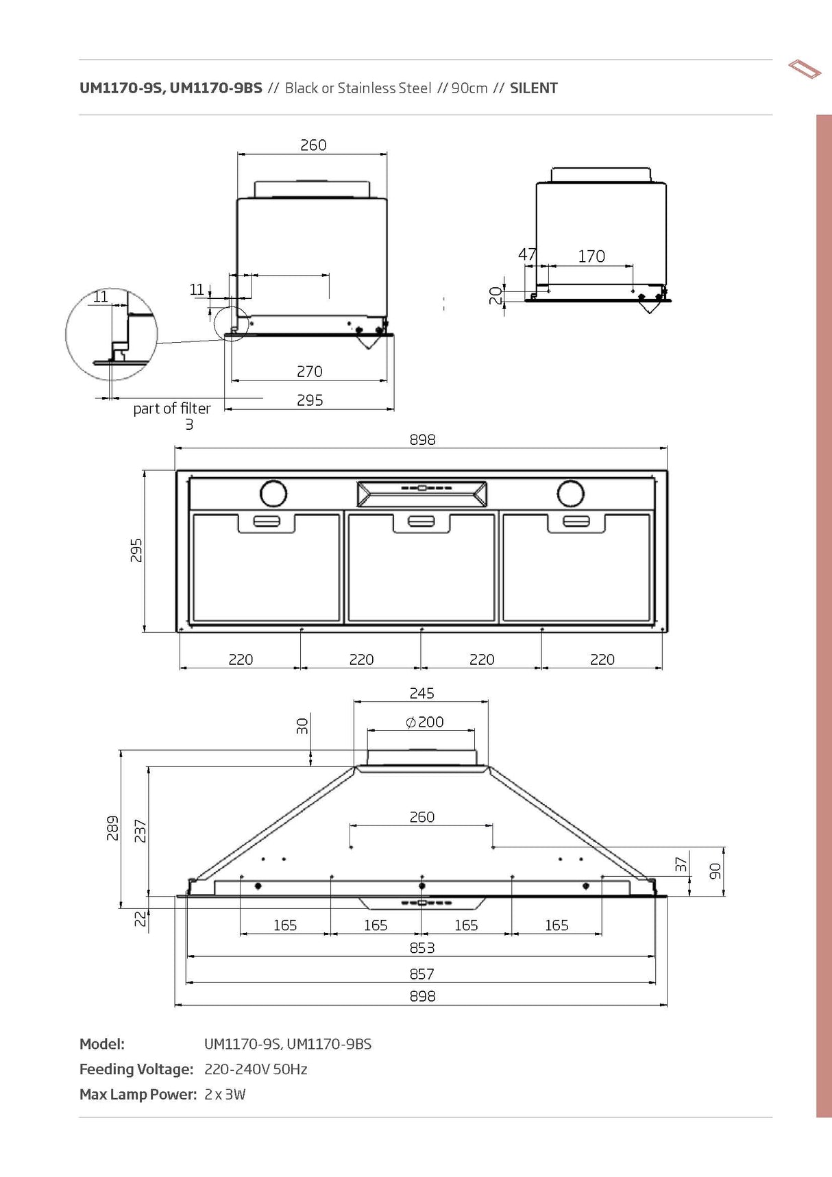 Schweigen UM1170-9ST 90cm Silent Undermount Rangehood, 900m3/hr, Stainless Steel
