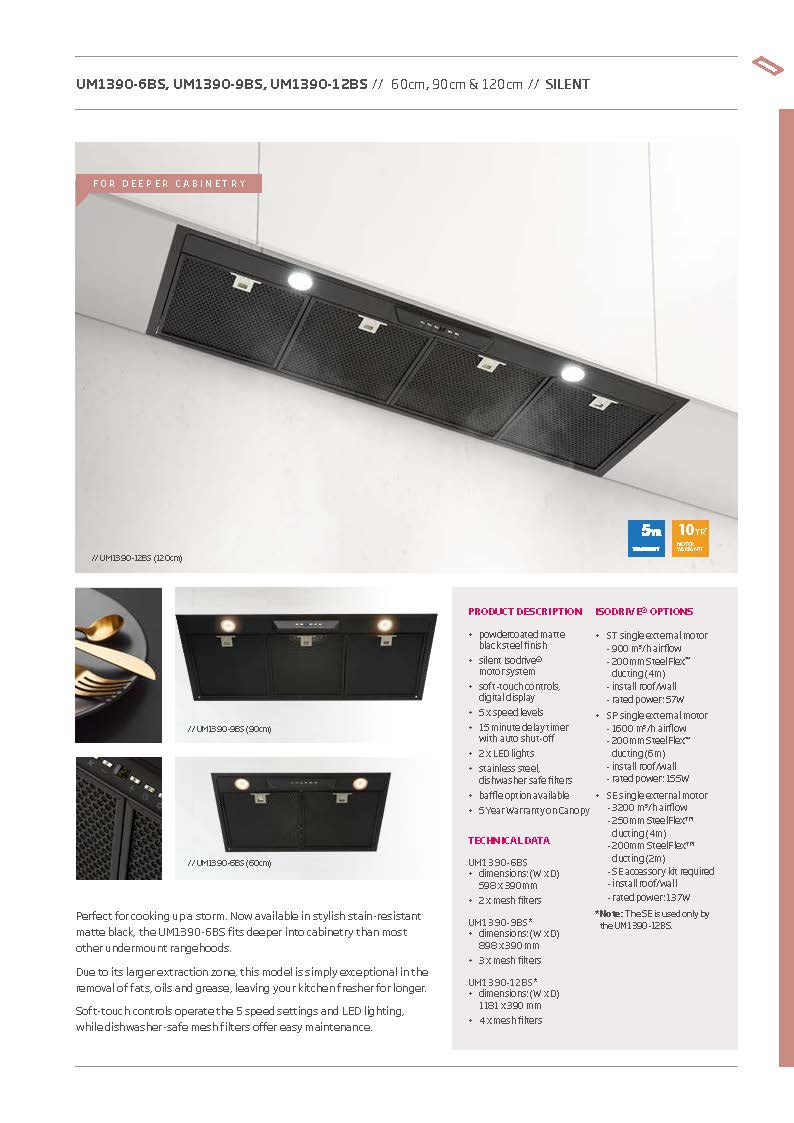 Schweigen UM1390-9BST 90cm Silent Undermount Rangehood, 900m3/hr, Matte Black