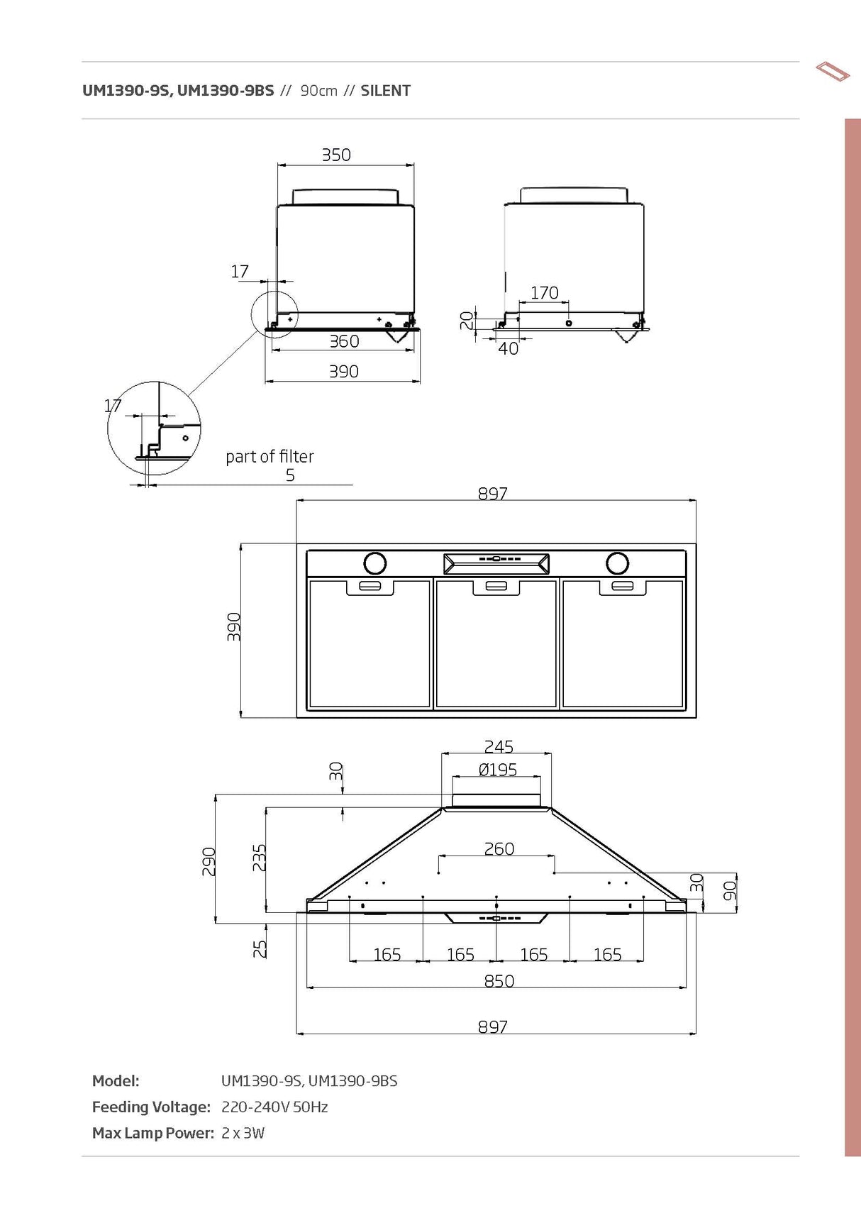 Schweigen UM1390-9ST 90cm Silent Undermount Rangehood, 900m3/hr, Stainless Steel