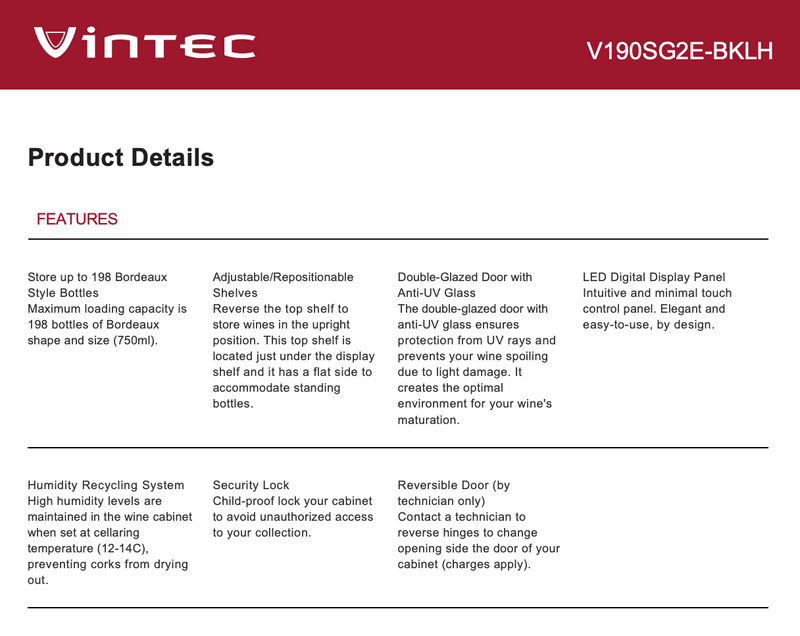Vintec 170 Bottle V190SG2EBK-LH Wine Storage Cabinet - Vintec Clearance and Seconds Stock
