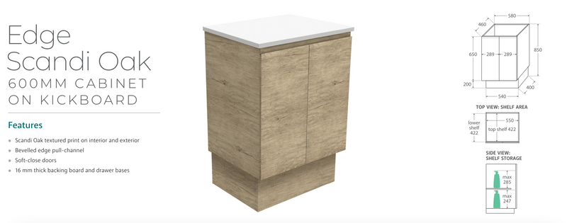 Fienza VAN60SK Vanessa Fingerpull 600 Vanity on Kickboard, Scandi Oak - Special Order