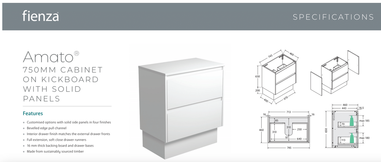 Fienza VAN75BWFK Vanessa Amato 750 Satin White Vanity On Kickboard, Matte Black Frames