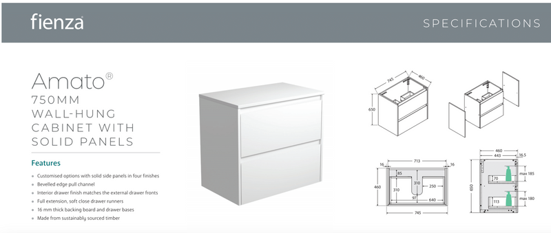 Fienza 75BWX Amato 750 Wall Hung Cabinet, Industrial Panels, Satin White, Cabinet Only - Special Order