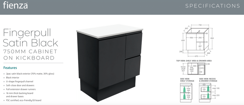 Fienza VAN75ZBKR Vanessa Fingerpull Satin Black 750 Vanity on Kickboard, Right Drawers