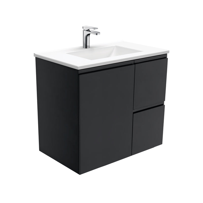 Fienza VAN75ZBR Vanessa Fingerpull Satin Black 750 Wall-Hung Vanity, Right Drawers