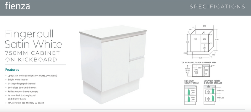 Fienza VAN75ZKR Vanessa Fingerpull Satin White 750 Vanity on Kickboard, Right Drawers