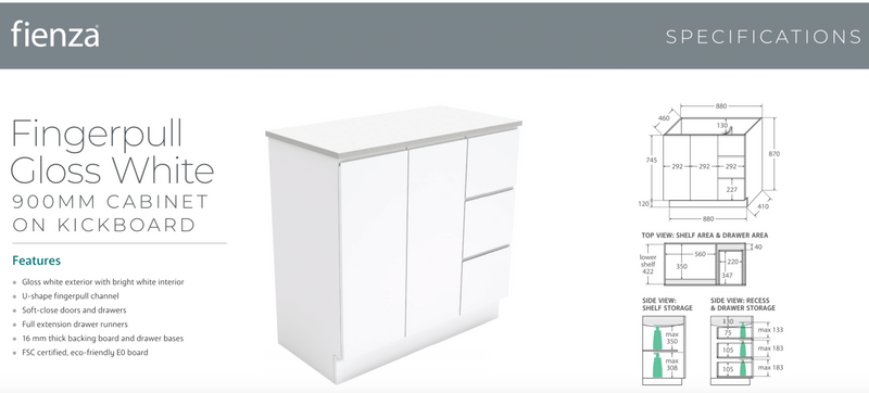 Fienza VAN90CL Vanessa Fingerpull Gloss White 900 Vanity on Kickboard, Left Drawers