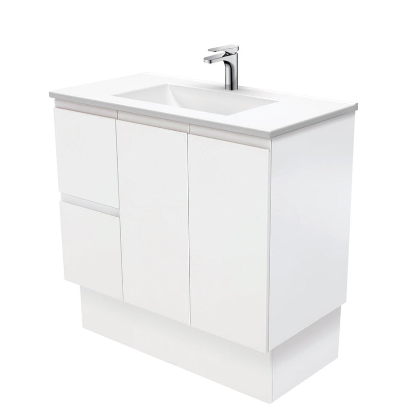 Fienza VAN90ZKL Vanessa Fingerpull Satin White 900 Vanity on Kickboard, Left Drawers