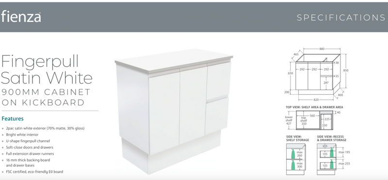 Fienza VAN90ZKL Vanessa Fingerpull Satin White 900 Vanity on Kickboard, Left Drawers