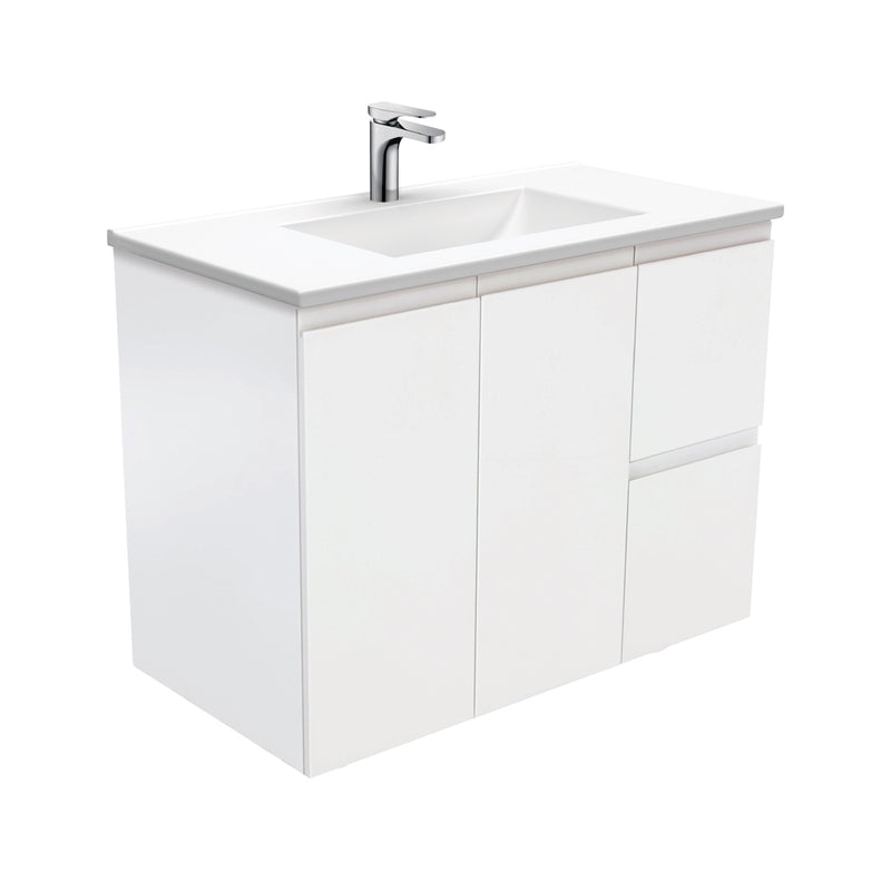 Fienza VAN90ZR Vanessa Fingerpull Satin White 900 Wall Hung Vanity, Right Drawers