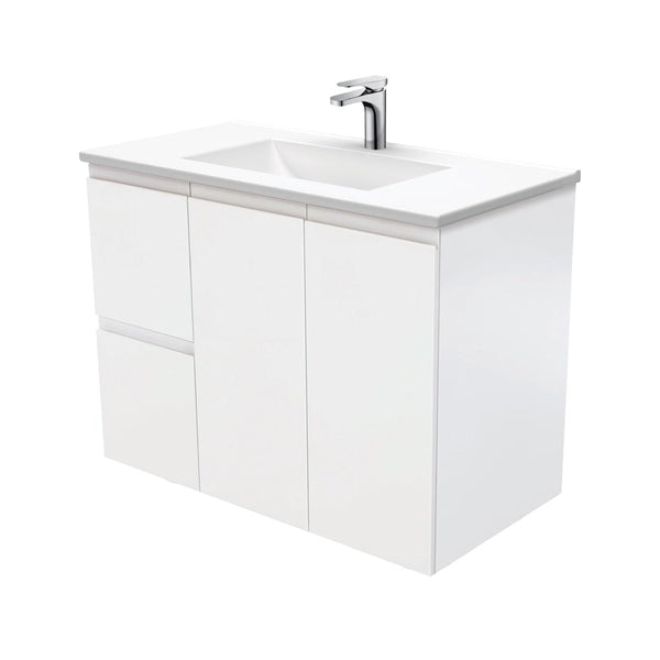 Fienza VAN90ZL Vanessa Fingerpull Satin White 900 Wall Hung Vanity, Left Drawers