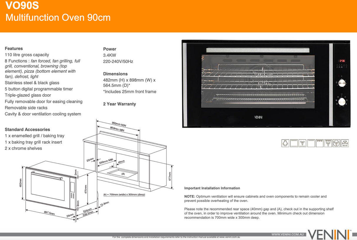 Venini VO90S 90cm 8 Function Electric Multifunction Black Glass Oven - Clearance Discount