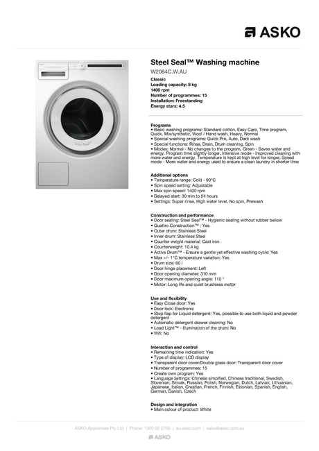 ASKO Laundry Bundle AL02 W2084C 8kg Front Load Washing Machine & T208HWAU 8kg Heat Pump Dryer - ASKO Factory Seconds
