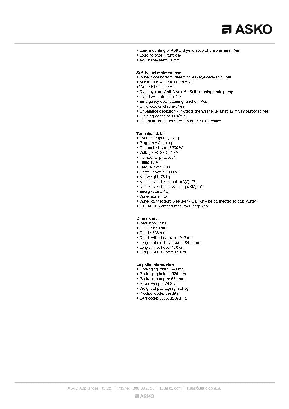 ASKO W2084C 8kg Front Load Washing Machine, White - Factory Seconds