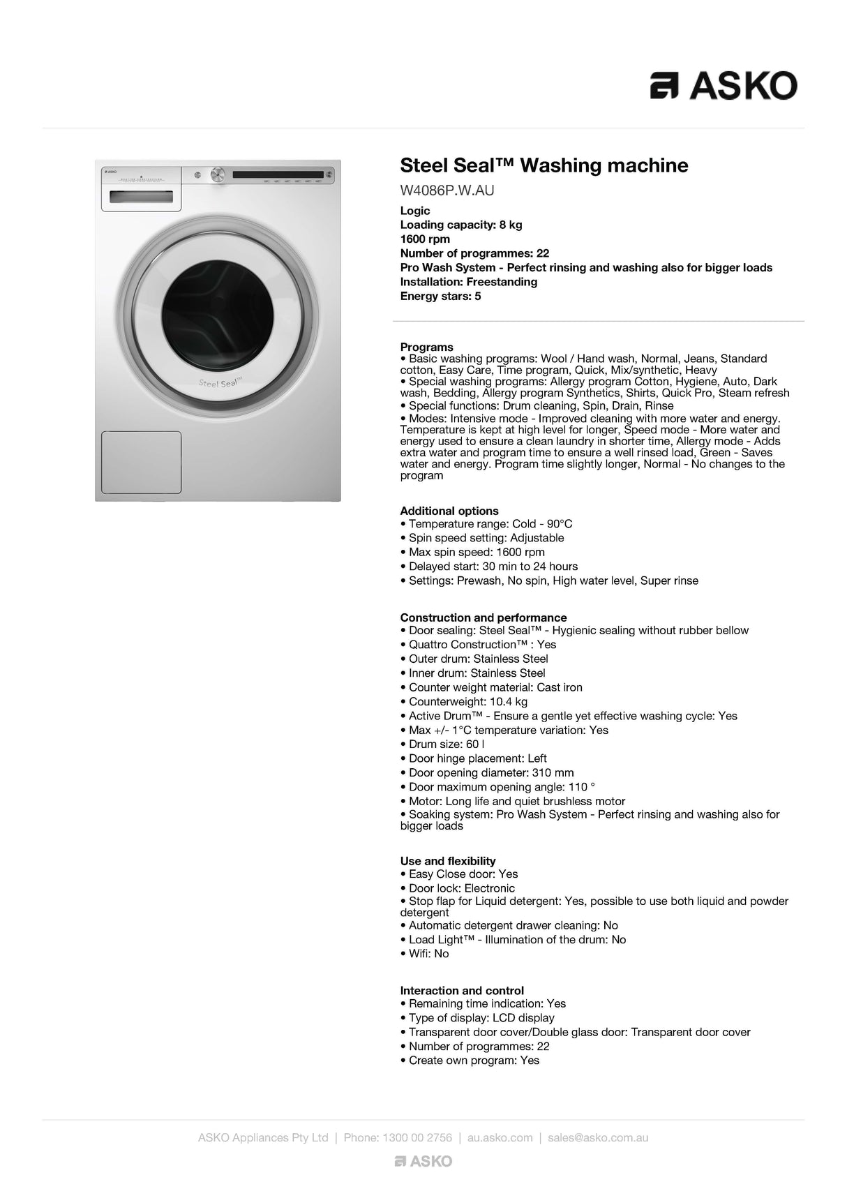 ASKO W4086PWAU 8kg Front Load Pro Wash Washing Machine, White - Factory Seconds