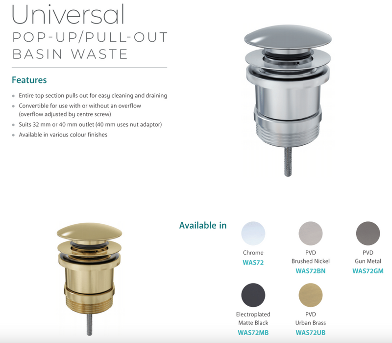 Fienza WAS72UB Pop Up Waste Universal Basin 32/40mm, Urban Brass - Special Order