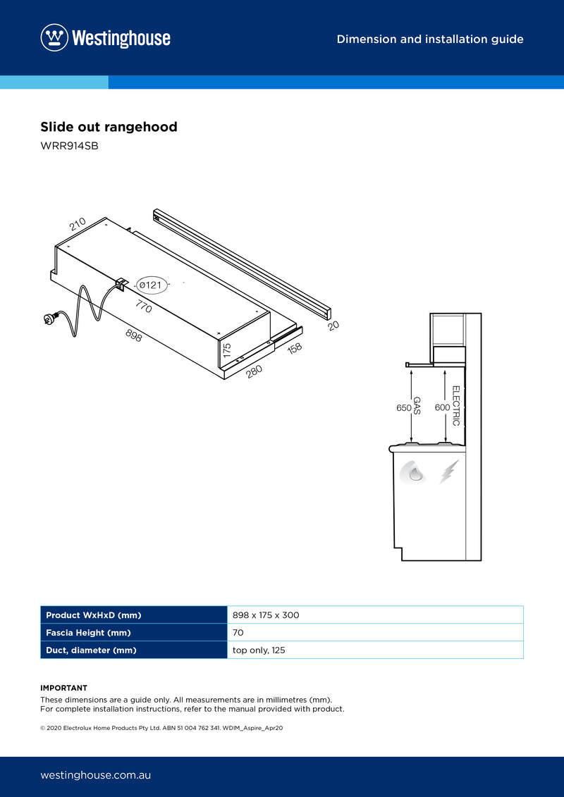 Westinghouse WRR914SB 90cm Slideout Rangehood - New