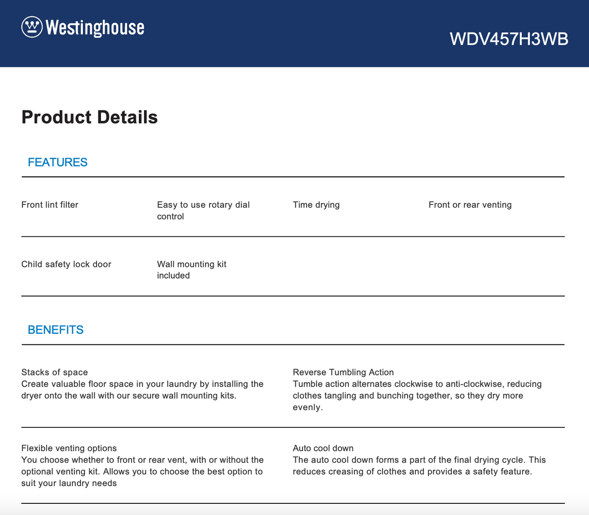 Westinghouse WDV457H3WB 4.5kg Vented Clothes Dryer - Westinghouse Seconds Discount