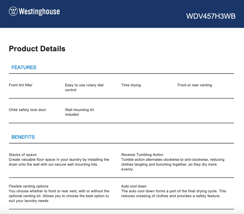 Westinghouse WDV457H3WB 4.5kg Vented Clothes Dryer - Westinghouse Seconds Discount
