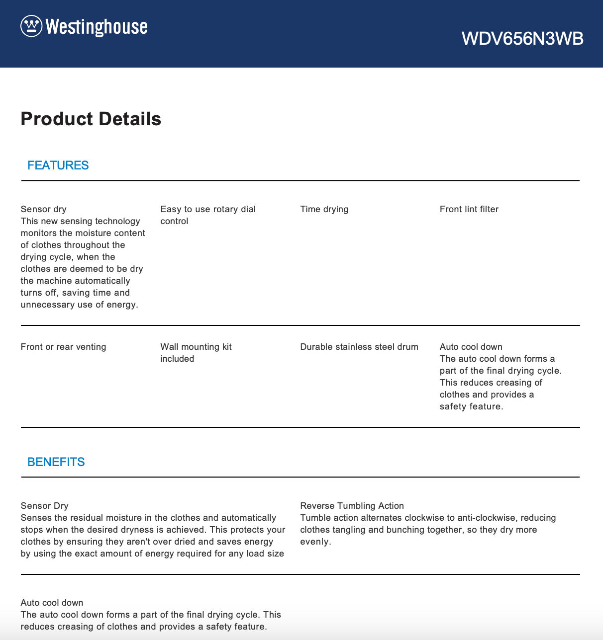 Westinghouse WDV656N3WB 6.5kg Vented Clothes Dryer - Westinghouse Factory Seconds
