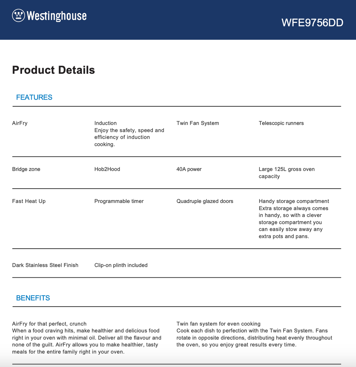 Westinghouse WFE9756DD 90cm Electric Freestanding Oven with Induction Cooktop, Dark Stainless Steel - Factory Seconds